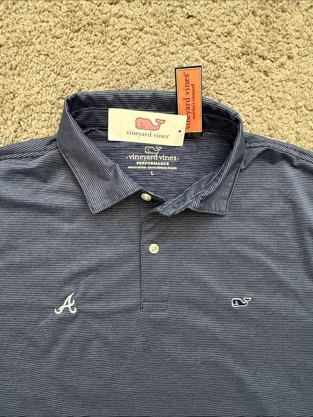 Atlanta Braves Vineyard Vines Performance Polo Blue Gray Pinstripe Sz Large New